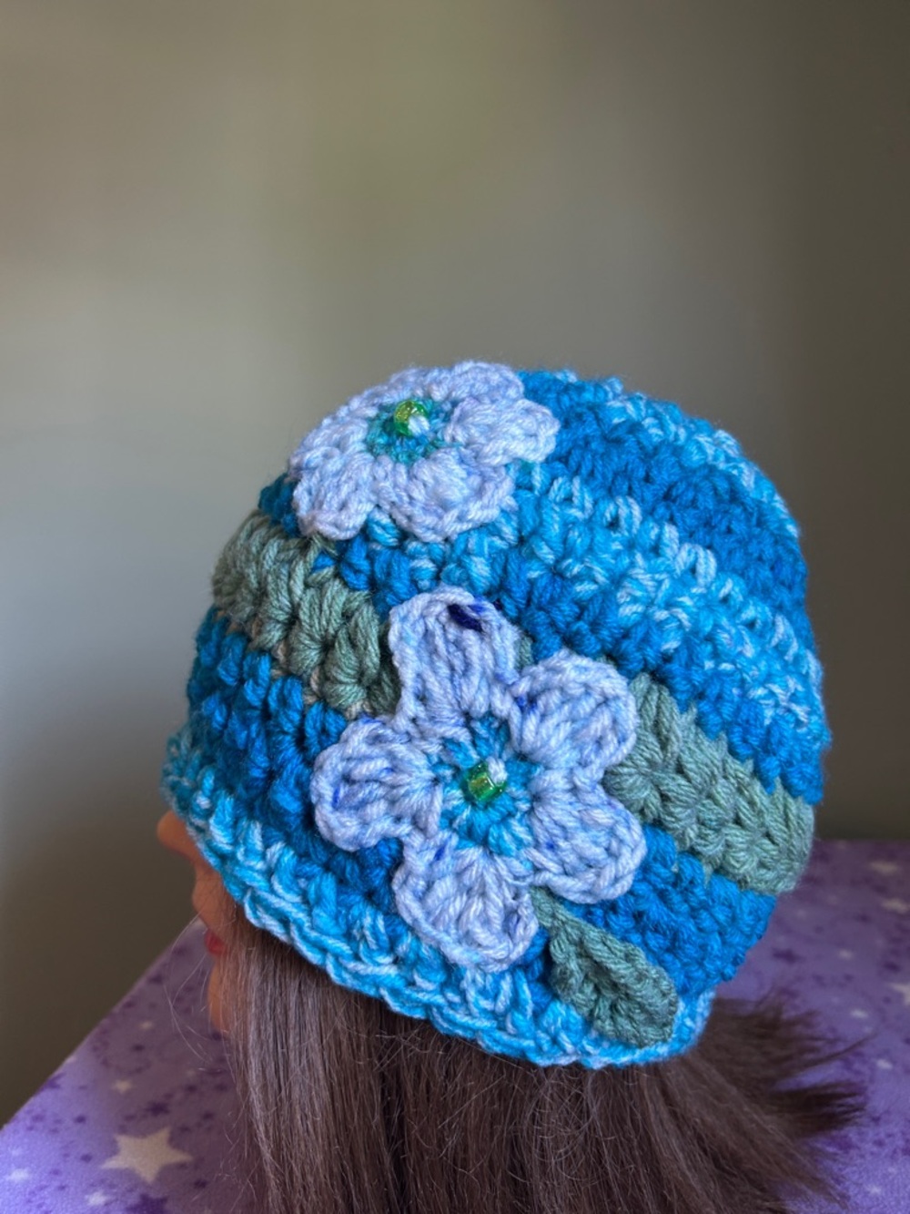 Handmade teal Crochet Flower Beanie - medium acrylic